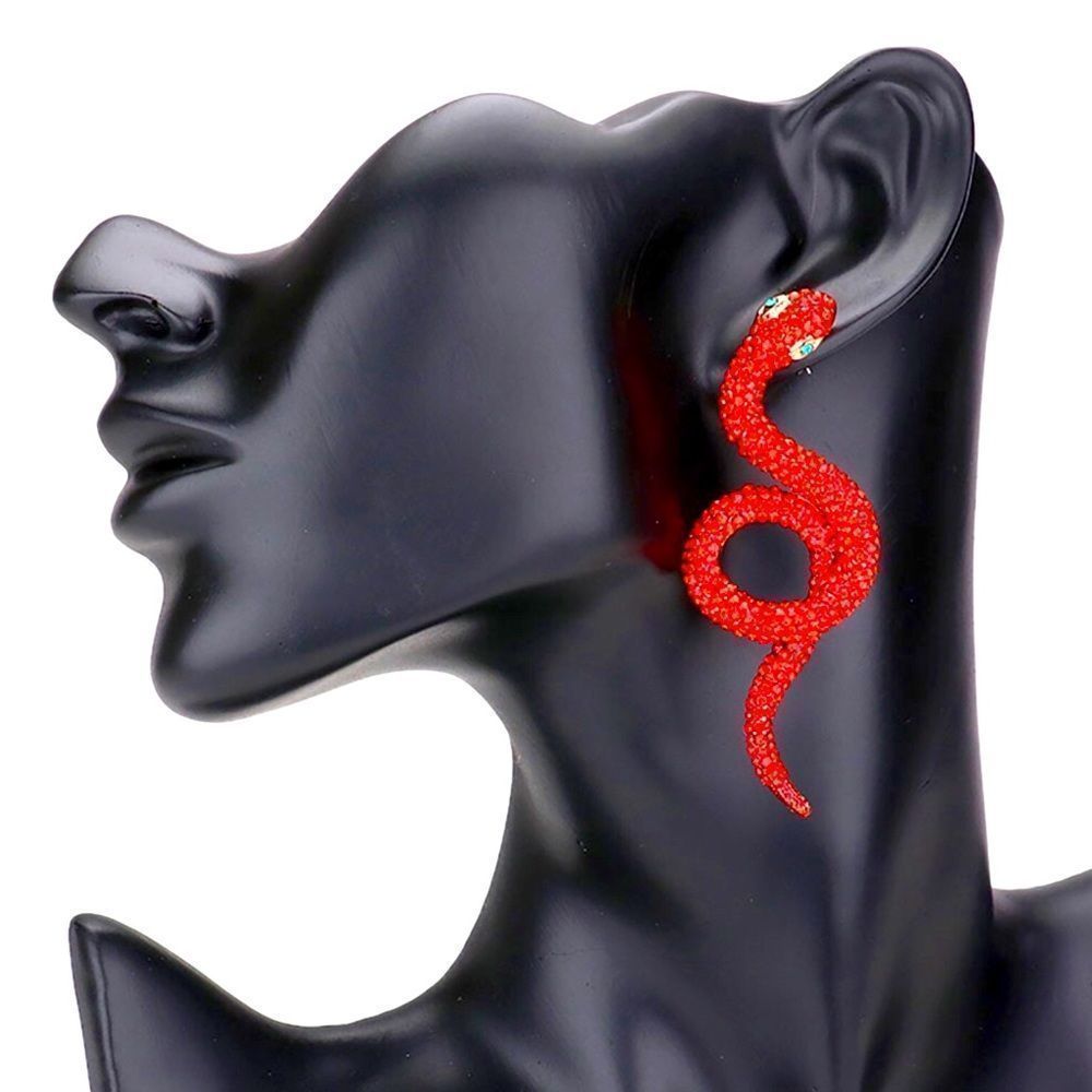 Paved Red & Gold Rhinestone Snake Evening Hoop Statement Earrings